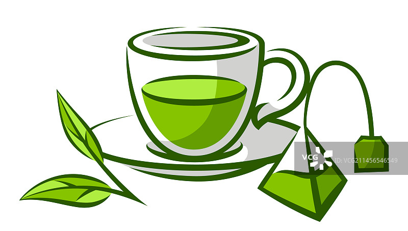 茶杯和绿茶叶袋图片素材