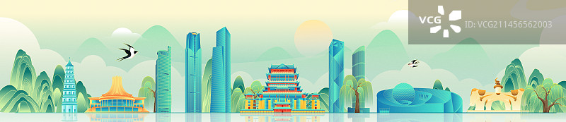 国风城市南宁地标建筑彩色矢量插画海报图片素材