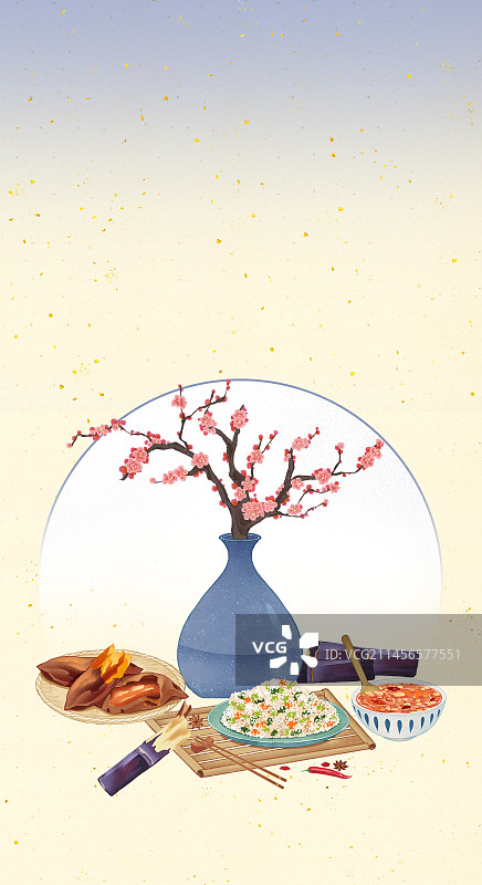 二十四节气小寒美食菜饭腊八粥烤红薯甘蔗山水插画图片素材