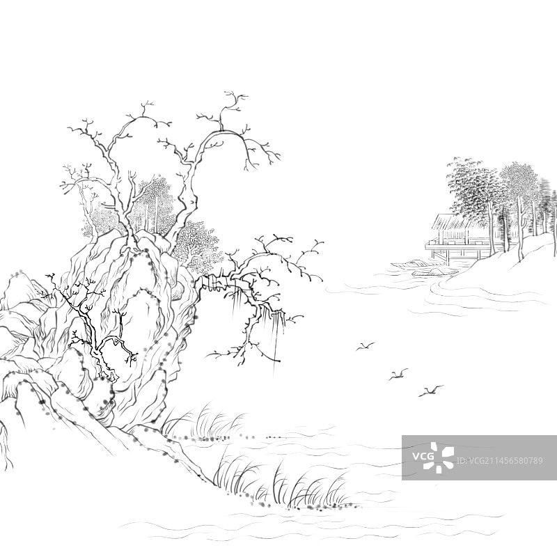 二十四节气插画秋季山水插画白描线稿图片素材