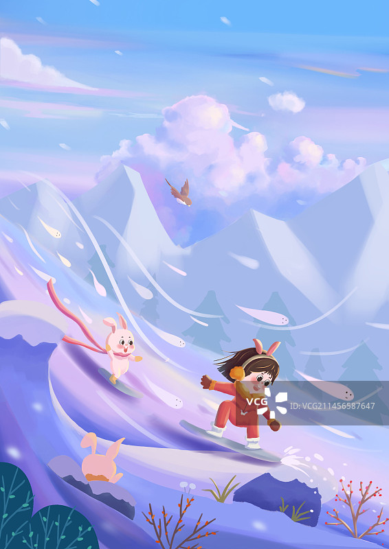 手绘冬季滑雪场景图片素材