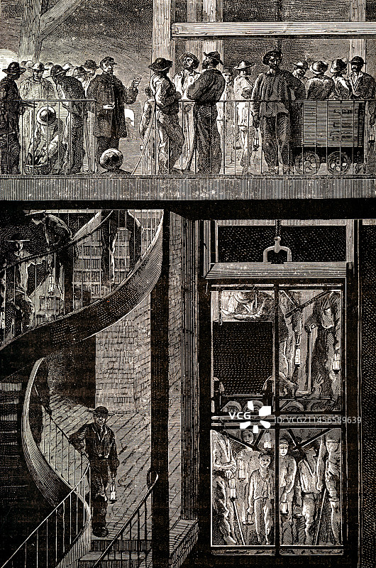 19世纪的煤矿矿井插图图片素材