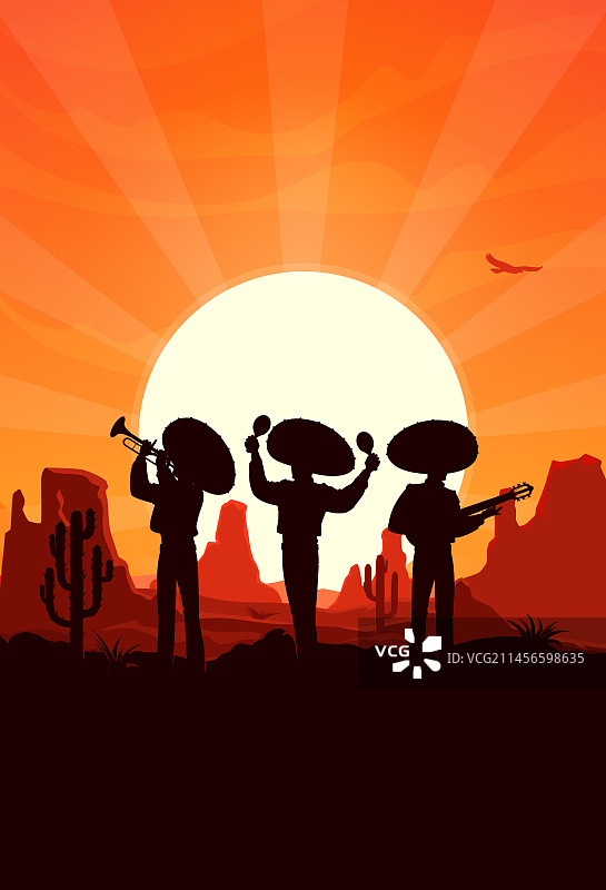 沙漠中的墨西哥流浪乐队剪影图片素材