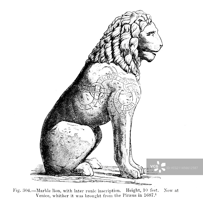 带有符文铭文的大理石狮子插画图片素材