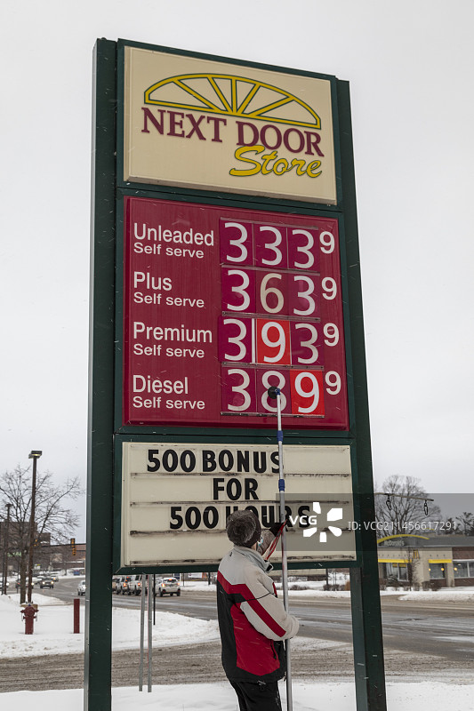 工人在加油站调整汽油价格图片素材