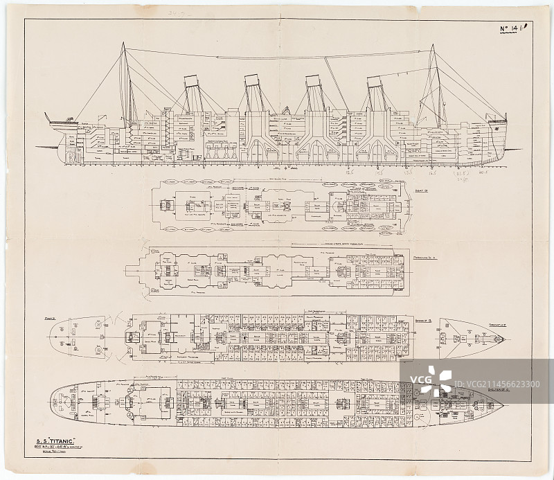泰坦尼克号的侧面和甲板视图插图图片素材