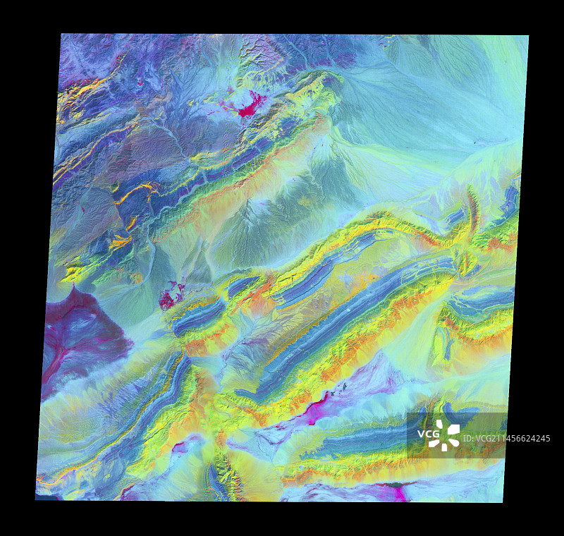中国皮羌断裂带周围的矿物地质卫星图像图片素材