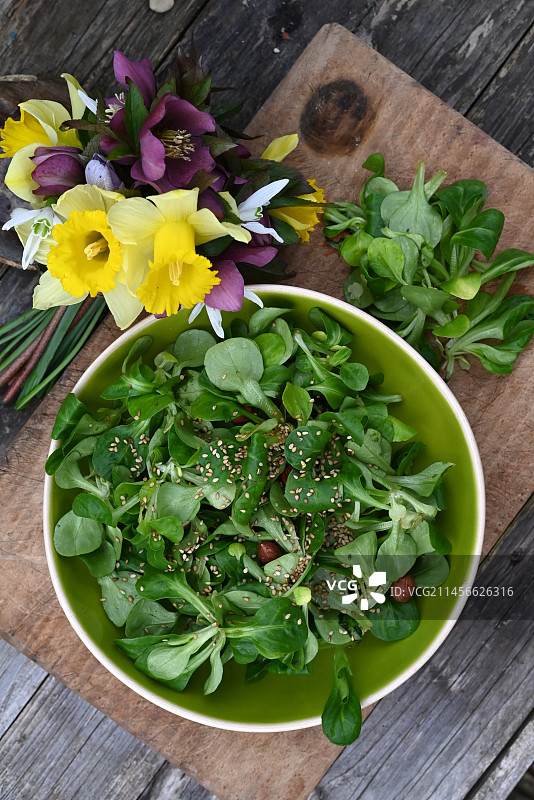 羊莴苣芝麻沙拉与春季花卉图片素材
