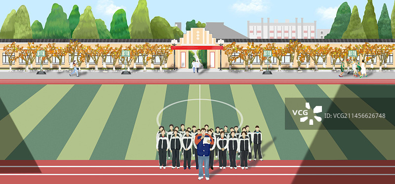 民国风格的学校建筑，学校操场上学生在上体育课操场上一排梧桐树图片素材