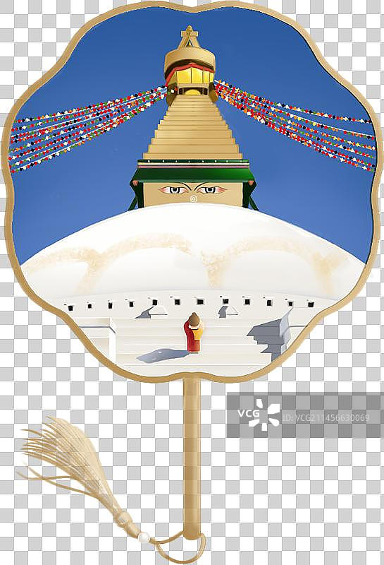 小佛IP穿着袈裟的小和尚在佛塔前拜佛虔诚祈祷，巾幡图片素材