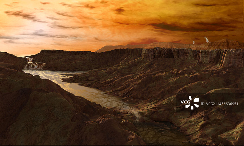 土卫六峡谷与甲烷河流插画图片素材