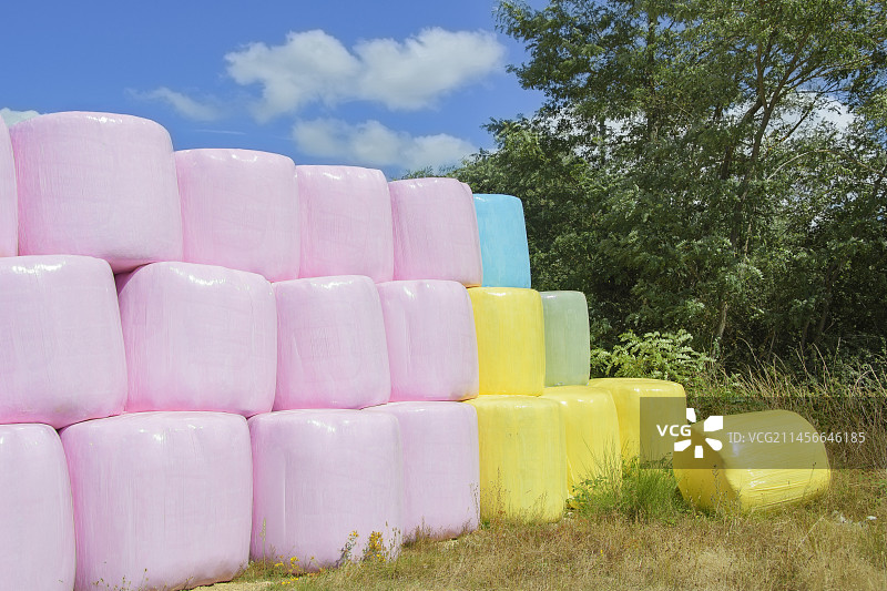 干草捆：购买彩色包装膜的农民支持抗击癌症图片素材