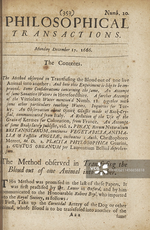 1666年首次输血的描述图片素材