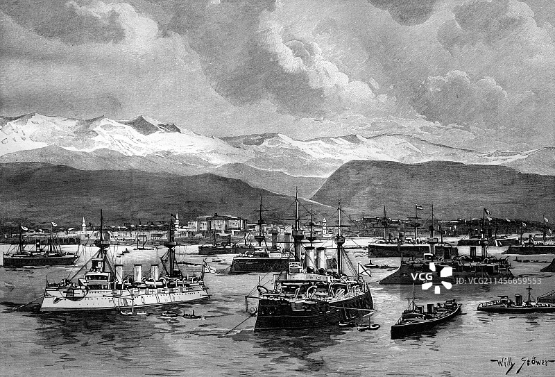 19世纪克里特岛哈尼亚附近的舰队图片素材