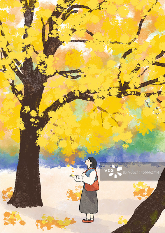 插画风油画风秋日citywalk美景图片素材