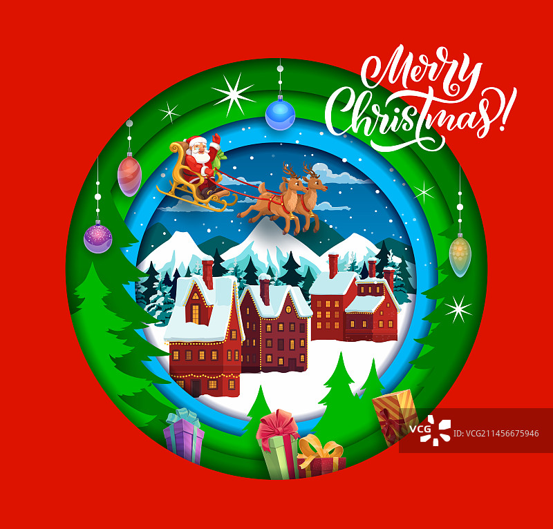 圣诞剪纸banner，卡通圣诞老人雪橇图片素材