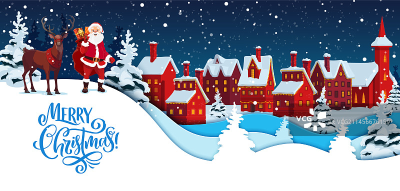 卡通剪纸冬季小镇和圣诞老人与鹿图片素材