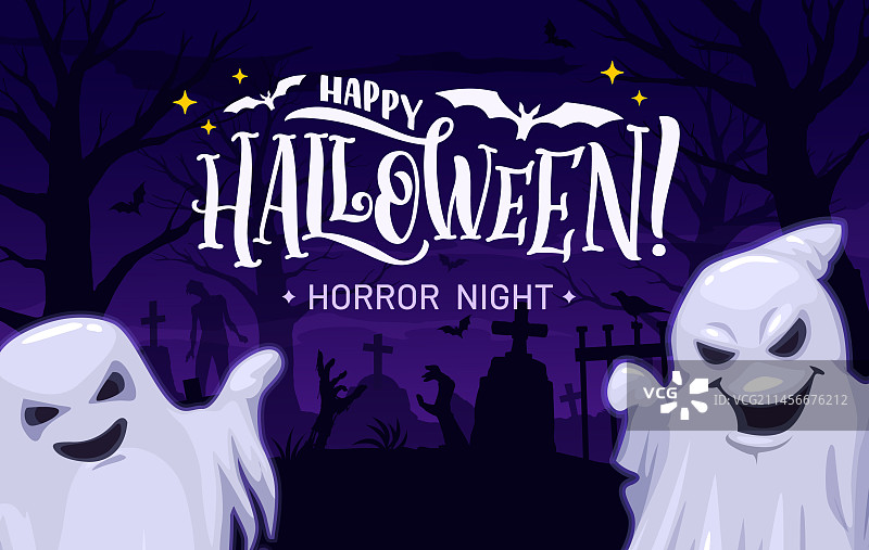 卡通万圣节午夜墓地幽灵图片素材