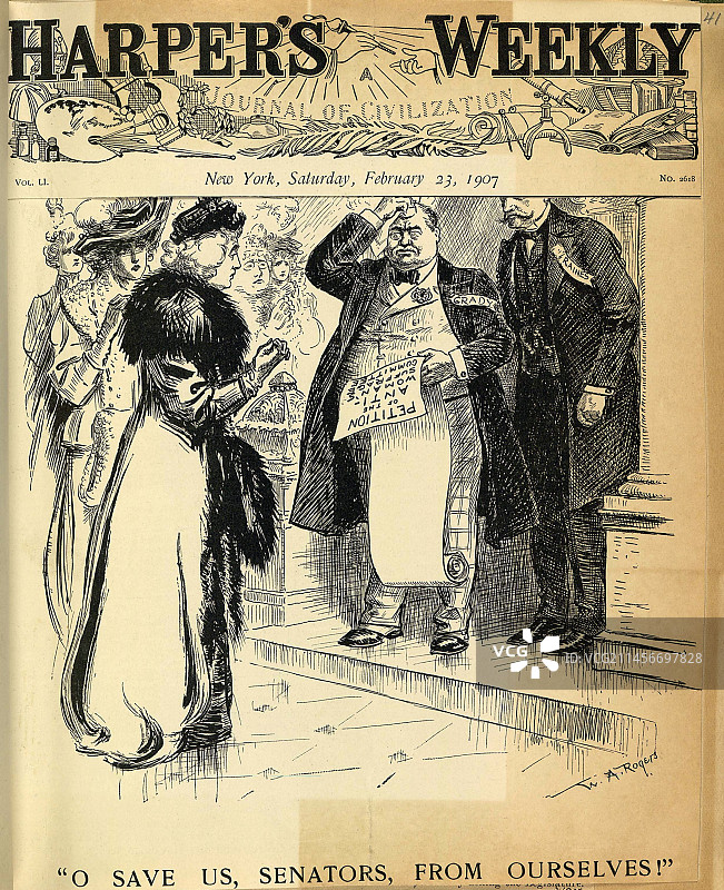 1907年美国反对妇女参政权的宣传画图片素材
