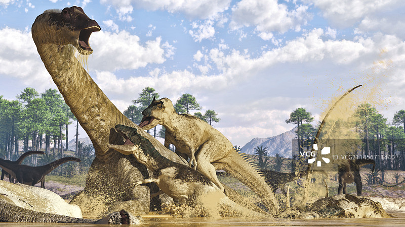 异特龙攻击梁龙插画图片素材