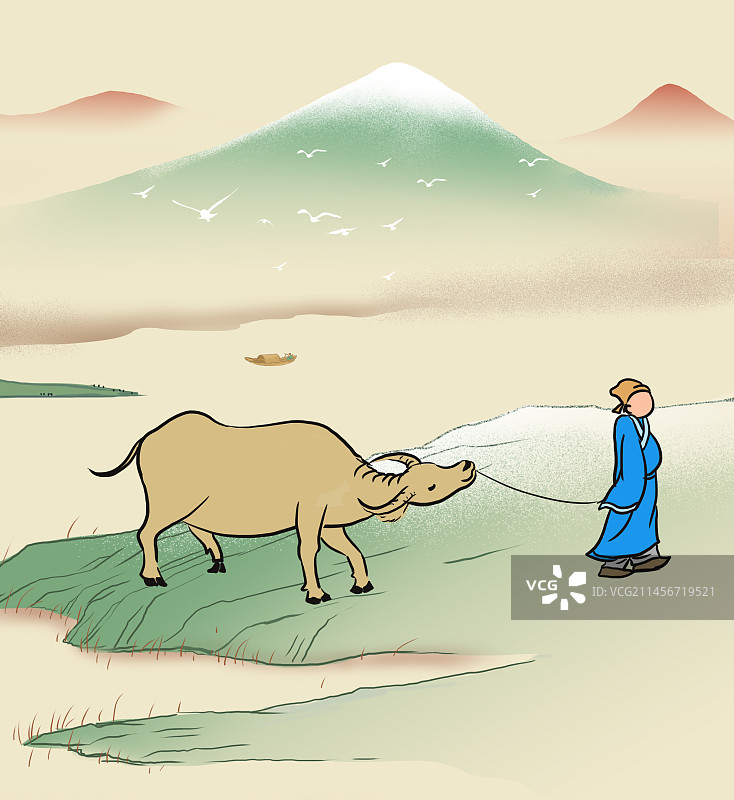 中国风新中式古风古典古代古时候古人古装农村乡下乡村山川地理环境风景插画图片素材