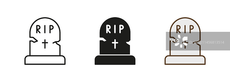 坟墓上的墓碑线条和剪影图标集图片素材