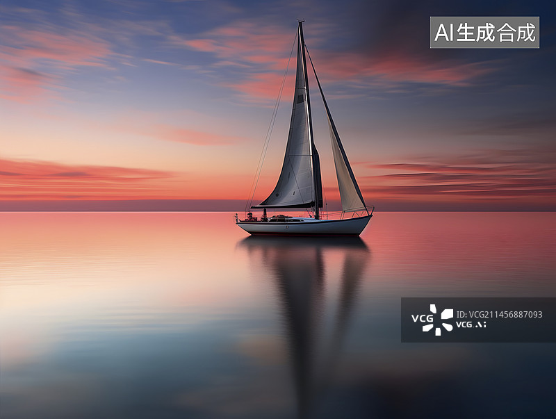 【AI数字艺术】傍晚平静的大海上的帆船图片素材