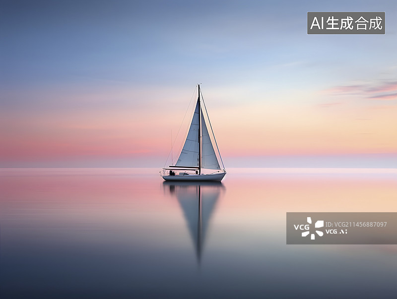 【AI数字艺术】傍晚平静的大海上的帆船图片素材