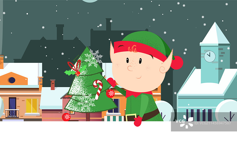 拿着杉树的小精灵与城市背景图片素材