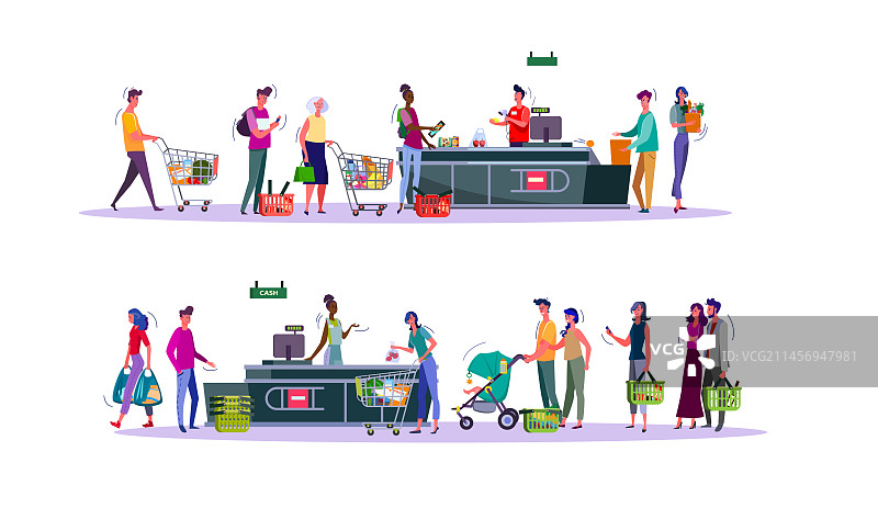 在超市为购买的商品付款的一群顾客图片素材