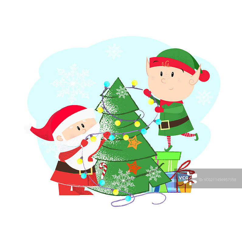 圣诞老人和小精灵装饰圣诞树图片素材