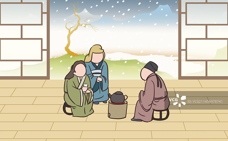 中国风新中式古风古典传统文化国学经典禅意围炉煮茶动态冬季寒冷风景插画图片素材