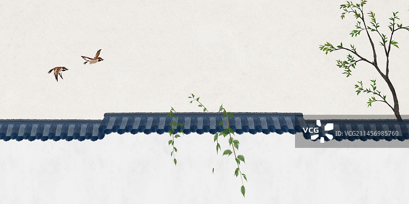 中式园林春天插画图片素材