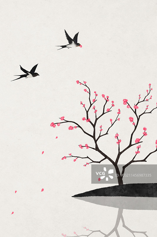春天桃花燕子中式插画图片素材
