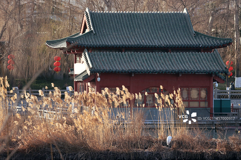 山东济南大明湖，冬季黄昏时刻图片素材