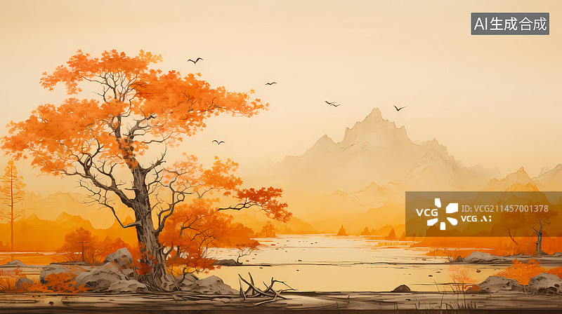 【AI数字艺术】金色秋天的傍晚中国画意境图片素材