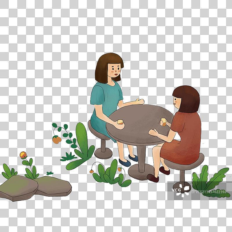 一对闺蜜坐在公园的椅子上和下午茶图片素材