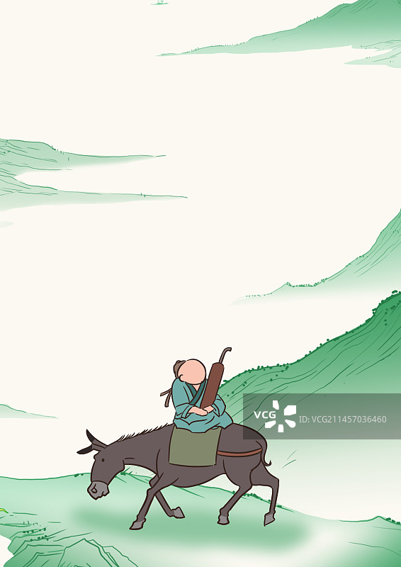 中国风新中式古风古典传统文化古人古装禅意意境骑驴老人青绿山水水墨风插画图片素材