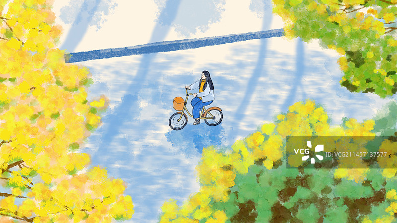 油画风肌理风街景少女骑自行车寒露插画图片素材