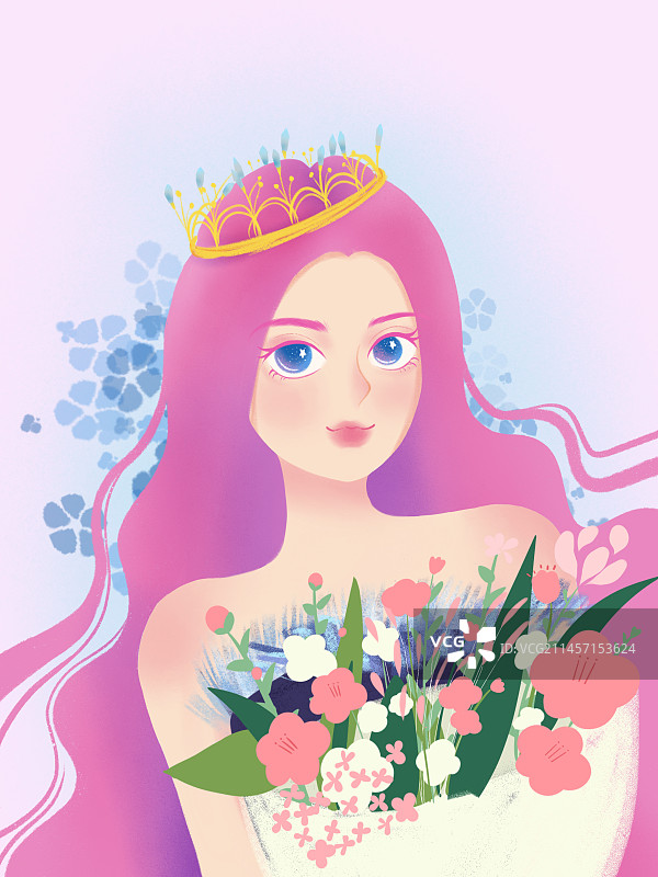 粉色头发的女人捧着花图片素材