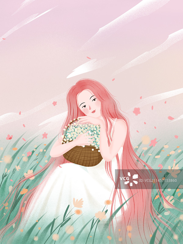 花丛中抱花篮的少女手绘图片素材