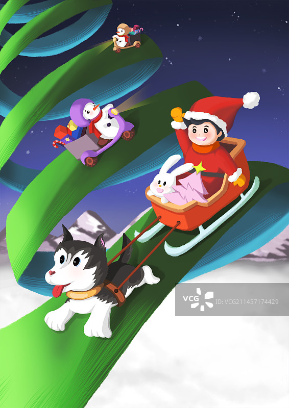 圣诞男孩坐在小狗拉的雪橇上送货图片素材