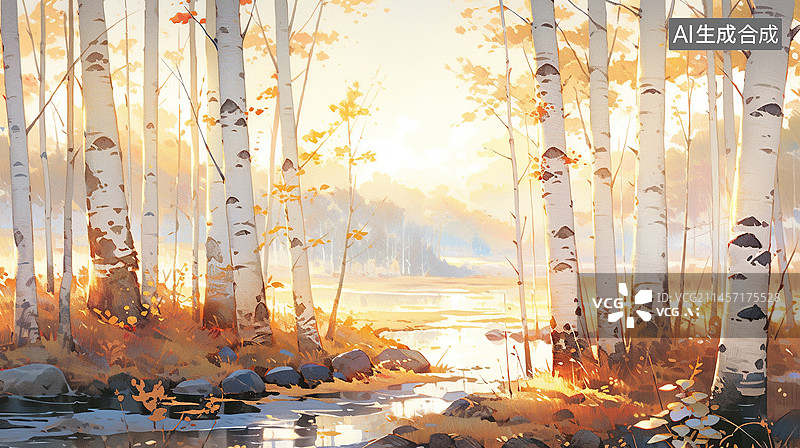【AI数字艺术】水彩风景白桦林图片素材