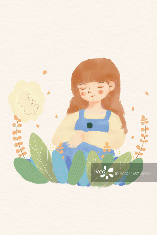 小清醒插画母爱孕期母亲花朵孩子图片素材