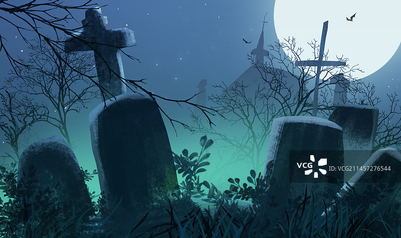 万圣节之夜诡异的围绕城堡飞行的蝙蝠恐怖插画图片素材