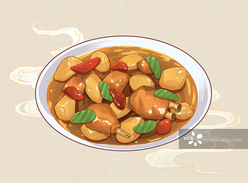 中华美食新疆大盘鸡手绘风格插画图片素材