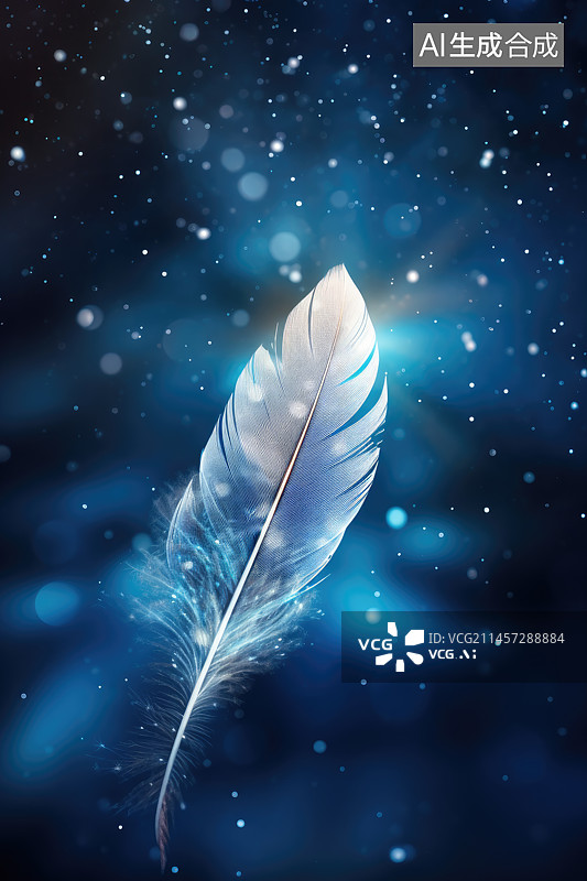 【AI数字艺术】蓝色梦幻背景中的羽毛图片素材