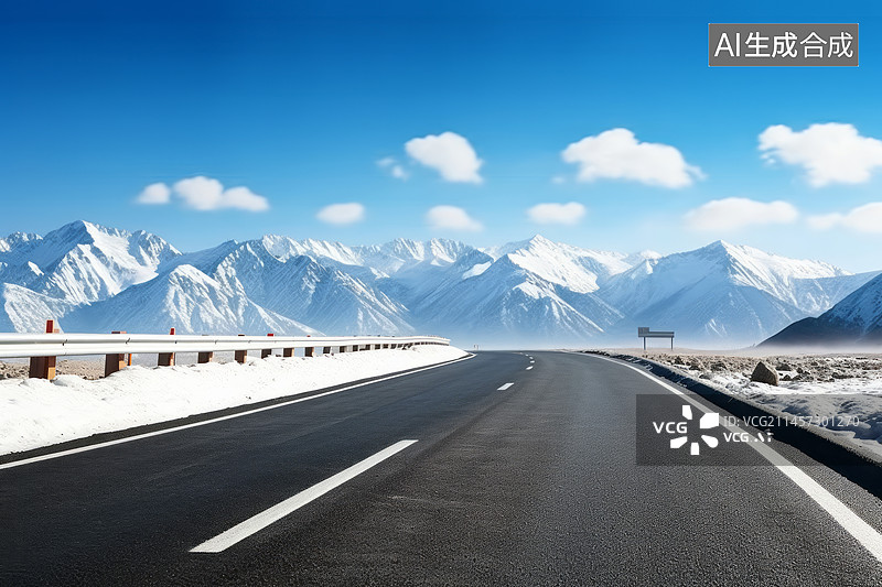 【AI数字艺术】蓝天下的雪山公路图片素材