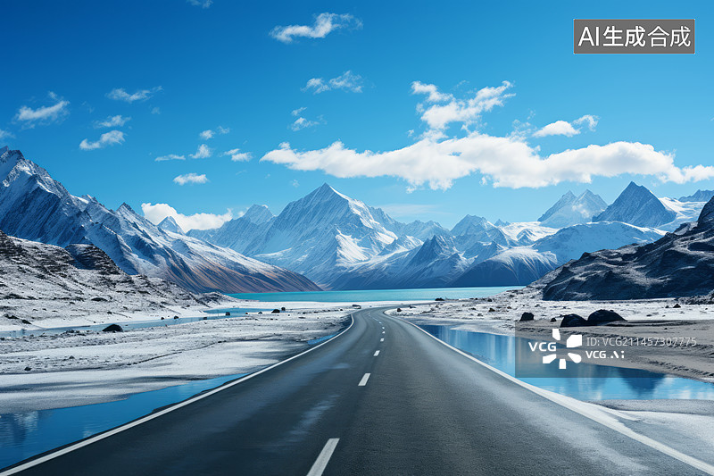 【AI数字艺术】冬季雪山湖边公路路面图片素材