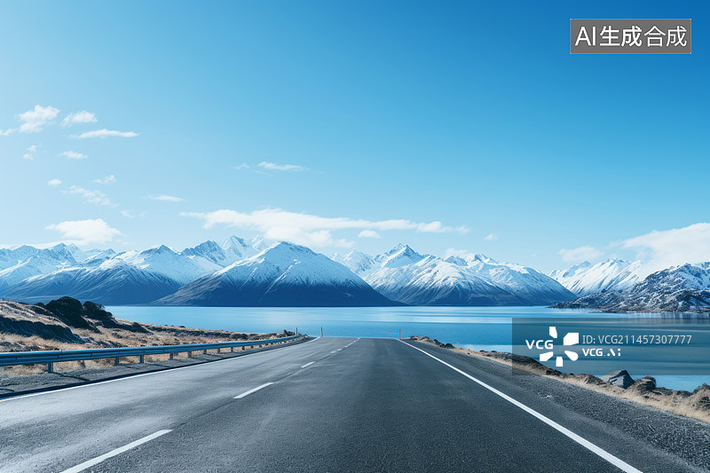 【AI数字艺术】冬季雪山湖边公路路面图片素材